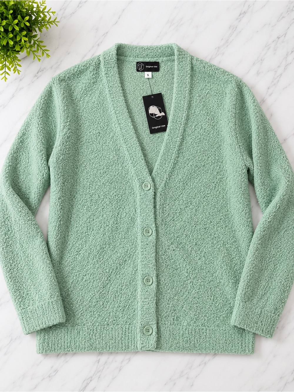 Original Use Mint Green Bouclé V-Neck Button Cardigan